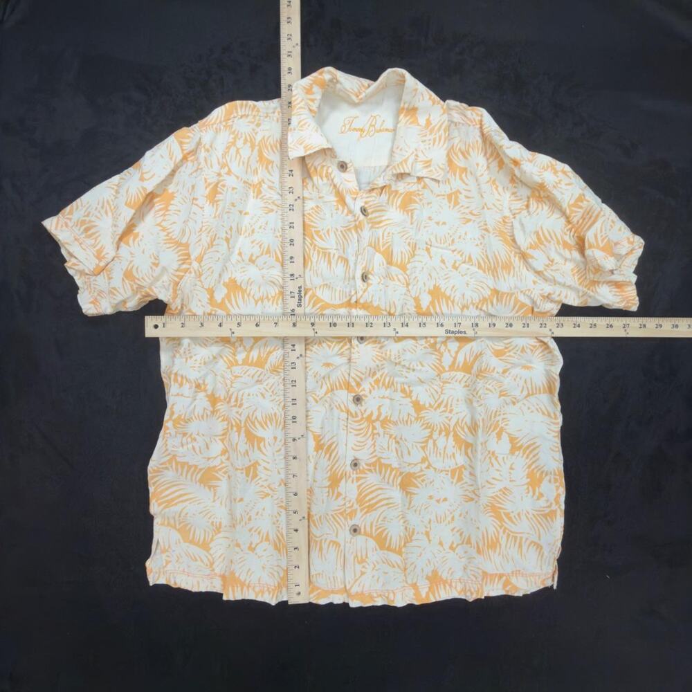 Tommy Bahama Mens L Hawaiian Linen Silk Camp Shirt Cream Mustard Leaf Print